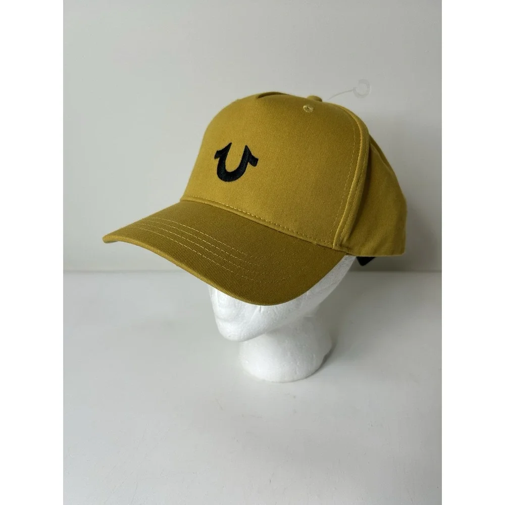 True Religion Hat Snapback Adjustable Gold Men Embroidered Black Logo Horse Shoe